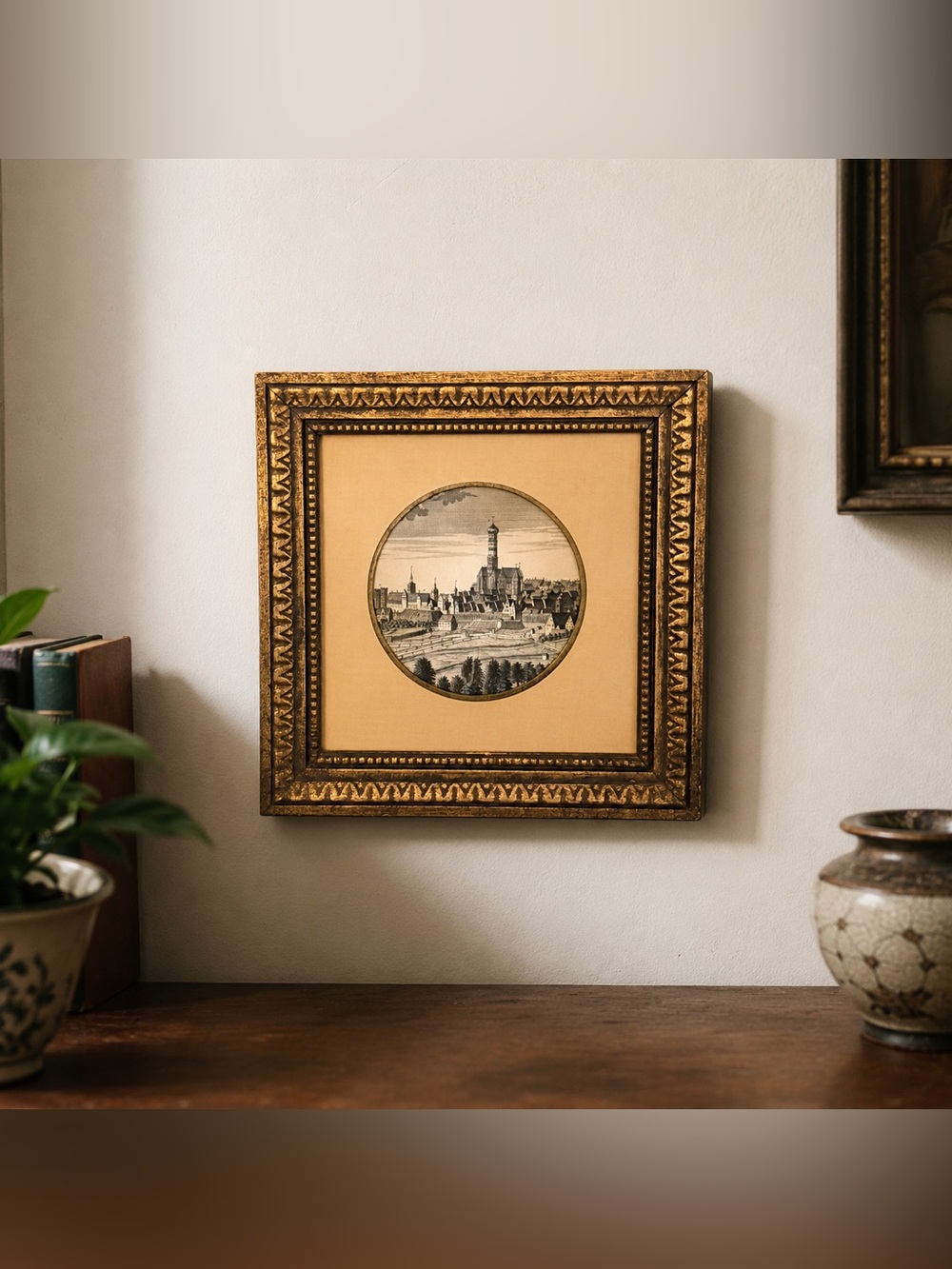 Vintage European Townscape Framed Art Ornate Gold Frame 10” Wall Decor
